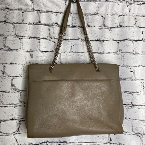 Kate Spade Chain and Leather Strap Magnetic Closure Gray Tan Tote Handbag Purse - Picture 2 of 16